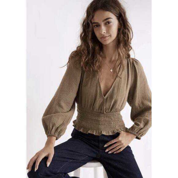NWT Madewell Julianne Smocked Waist Top Size Large Green Gauzy Cotton Peasant - Picture 1 of 9